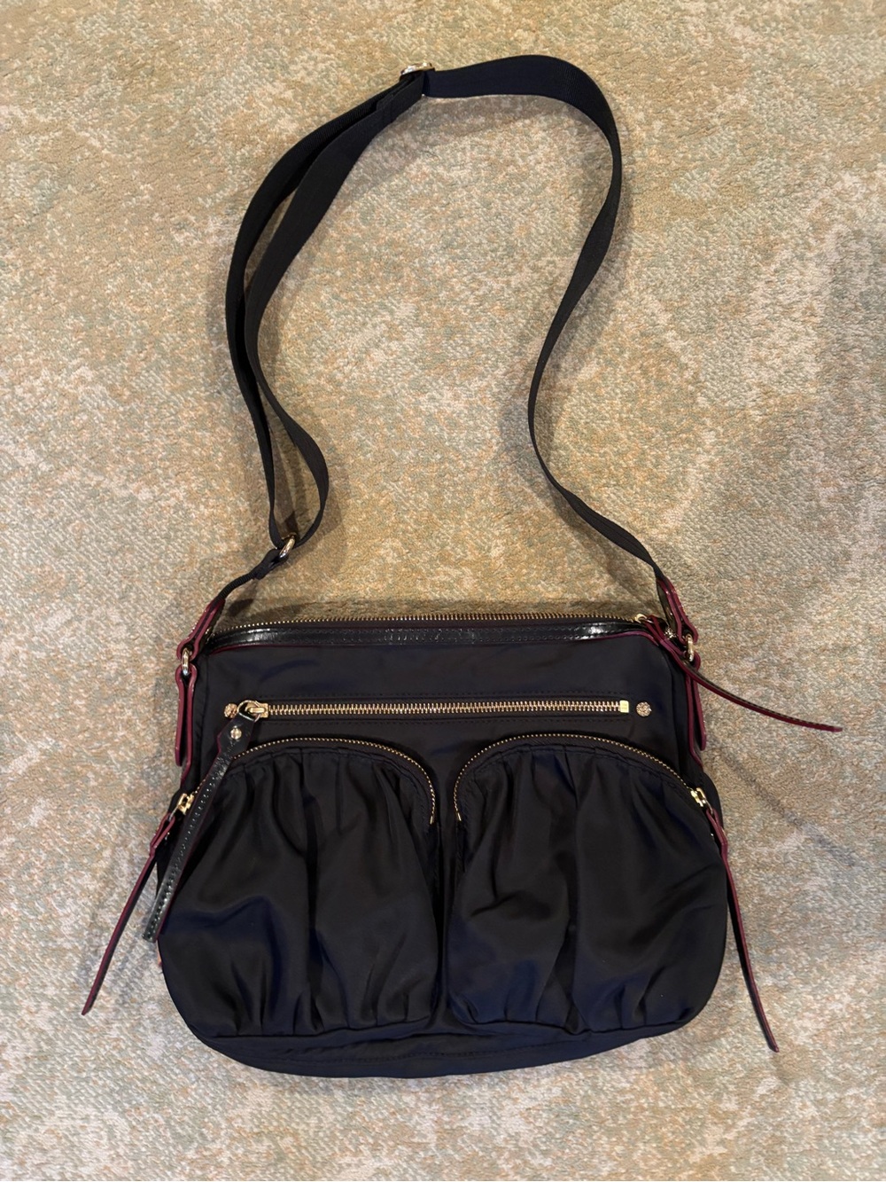 MZ Wallace Paige Black Nylon Crossbody Bag Red Trim Gold Hardware